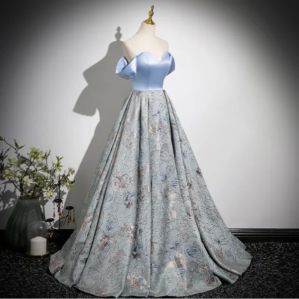 Elegant Sky Blue Printing Prom Dresses 2025 A-Line / Princess Off-The-Shoulder Sleeveless Backless Floor-Length / Long Prom Formal Dresses