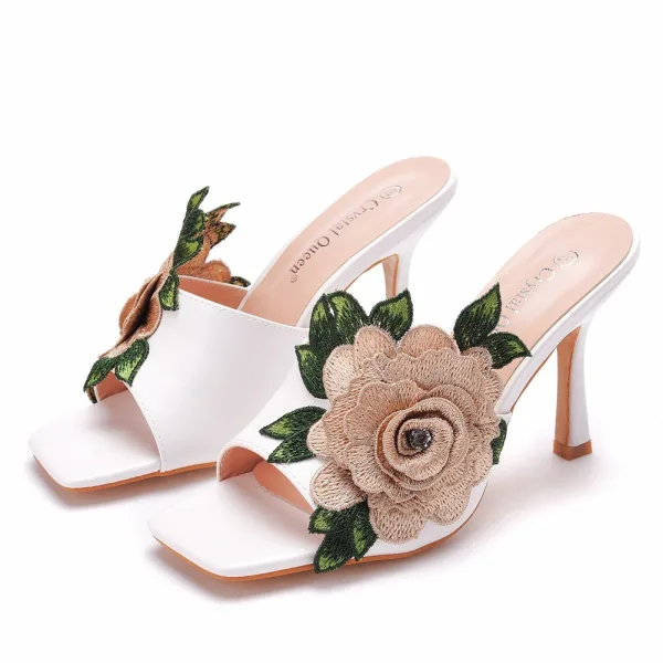 Chic / Belle Blanche Brodé Promo Sandales Femme 2024 9 cm Talons Aiguilles Peep Toes / Bout Ouvert Sandales Talons Hauts