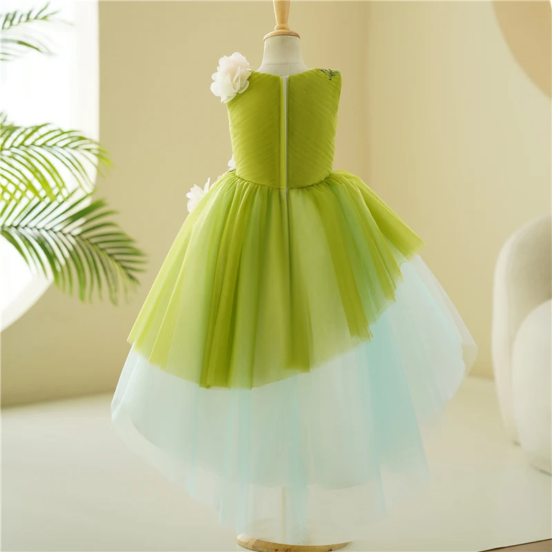 Beganly Feestjurk voor meisjes, kant, V-hals, mouwloos, wollig, tule, prinsessenjurk, feestjurk, bloemenmeisjesjurk, Lang-salie groen, 4 Jaren