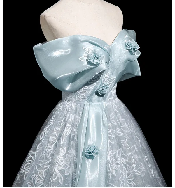 Chic / Beautiful Sky Blue Appliques Prom Dresses 2025 A-Line / Princess Strapless Floor-Length / Long Tulle Backless Prom Sleeveless Formal Dresses