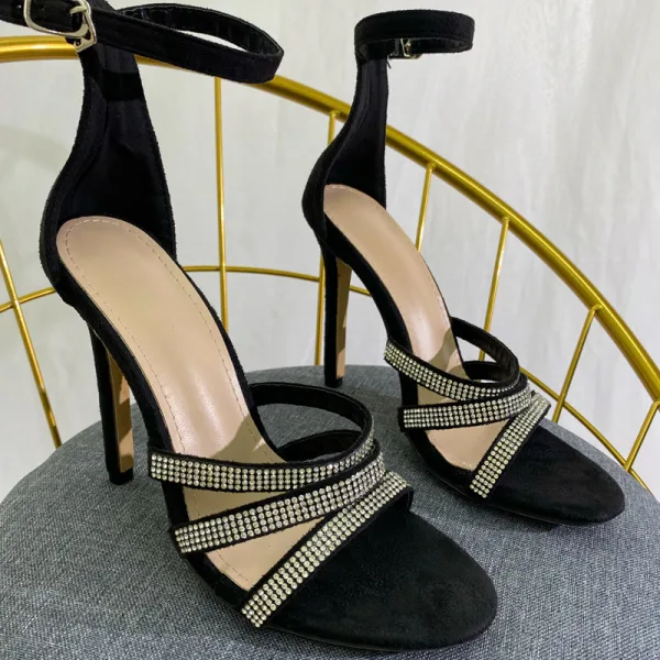 Sexy Schwarz Strass Abend Sandalen Damen 2022 Knöchelriemen 11 cm Stilettos Peeptoes Sandaletten Hochhackige