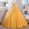Elegant Yellow Beading Lace Flower Appliques Prom Dresses 2023 Ball Gown V-Neck 3/4 Sleeve Backless Floor-Length / Long Prom Formal Dresses