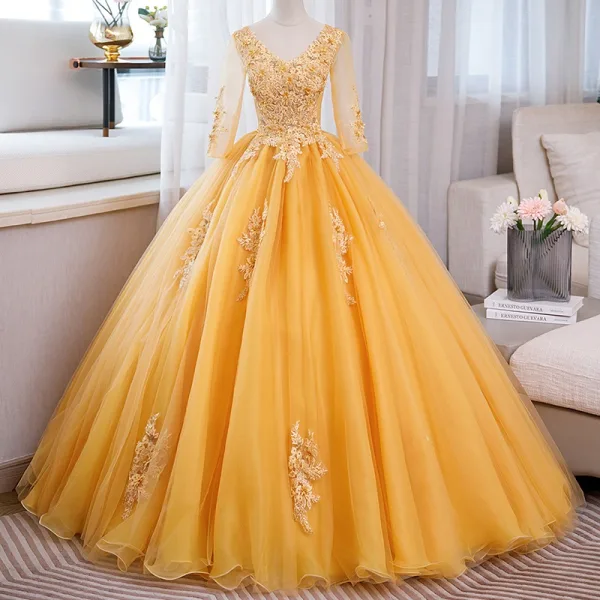 Vintage / Retro Red Sequins Lace Flower Appliques Prom Dresses 2024 Ball Gown V-Neck Long Sleeve Backless Floor-Length / Long Prom Formal Dresses