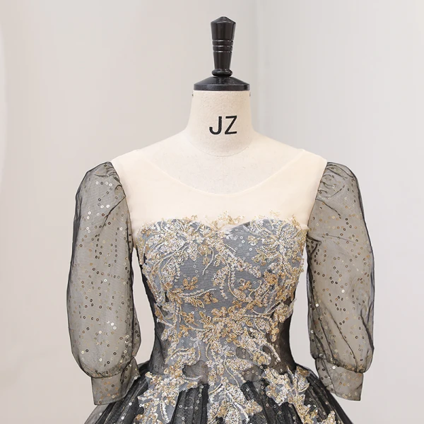 Sparkly Black Sequins Prom Dresses 2022 Ball Gown Scoop Neck 1/2 Sleeves Backless Floor-Length / Long Prom Formal Dresses