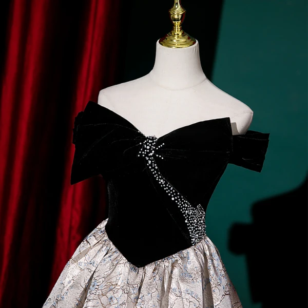 Chic / Beautiful Black Rhinestone Printing Evening Dresses 2023 A-Line / Princess Off-The-Shoulder Sleeveless Backless Floor-Length / Long Evening Party Formal Dresses