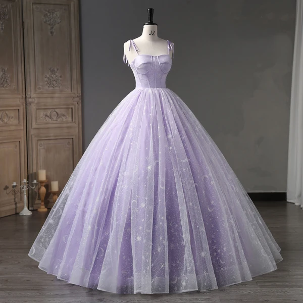 Chic / Belle Lavande Glitter Robe De Bal 2023 Robe Boule Bretelles Spaghetti Sans Manches Dos Nu Longue Promo Robe De Ceremonie
