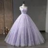 Chic / Beautiful Lavender Glitter Prom Dresses 2023 Ball Gown Spaghetti Straps Sleeveless Backless Floor-Length / Long Prom Formal Dresses