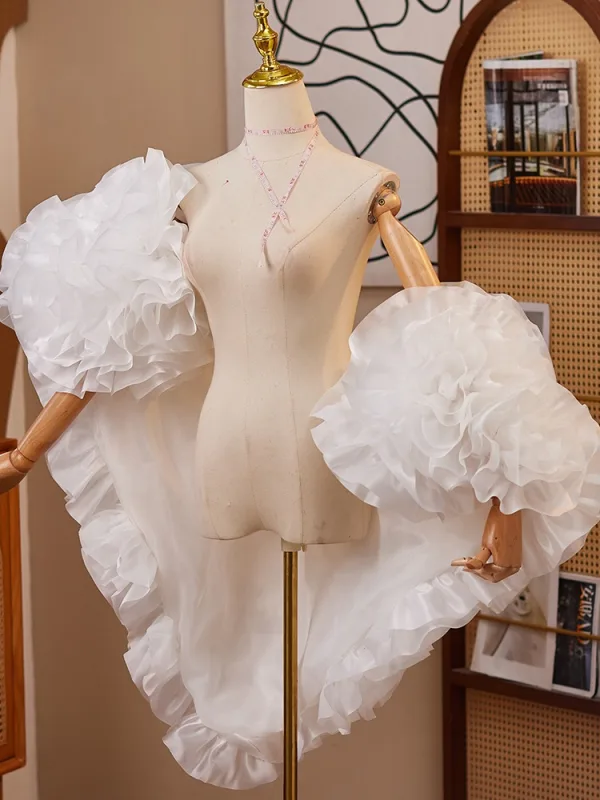 Charmant Blanche Fait main Fleur Mariage Manches Courtes châle 2025 Tulle