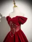 Elegant Burgundy Pearl Velvet Prom Dresses 2025 A-Line / Princess Off-The-Shoulder Short Sleeve Backless Floor-Length / Long Prom Formal Dresses