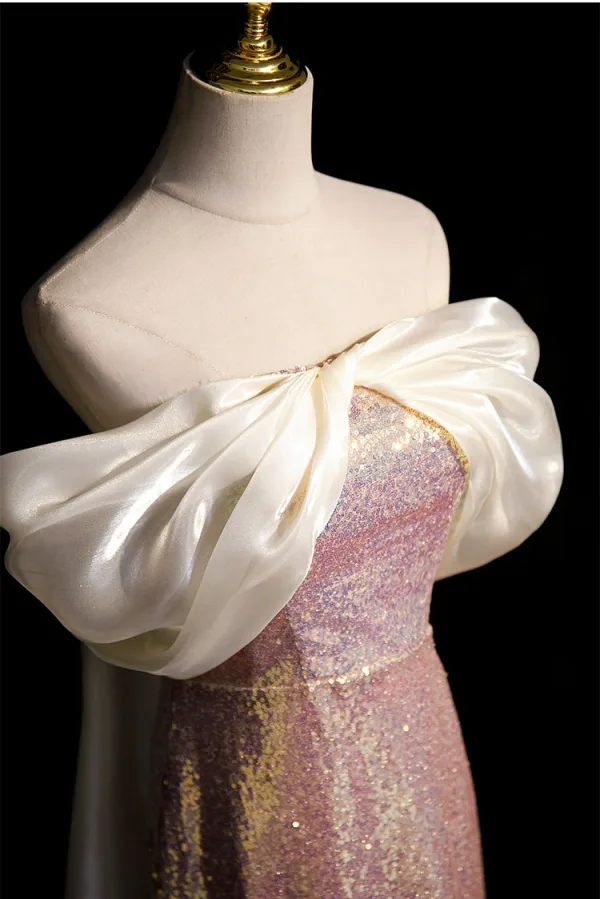 Glitzernden Rosa Pailletten Abendkleider 2024 Meerjungfrau Off Shoulder Schleife Ärmellos Rückenfreies Sweep / Pinsel Zug Abend Festliche Kleider