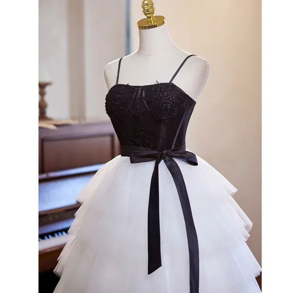 Vintage / Retro Black Beading Cascading Ruffles Graduation Dresses 2024 Ball Gown Spaghetti Straps Sleeveless Backless Bow Sash Tea-length Homecoming