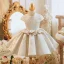 Fashion Pearl Lace Flower Birthday Short Flower Girl Dresses 2023 Ball Gown High Neck Cap Sleeves