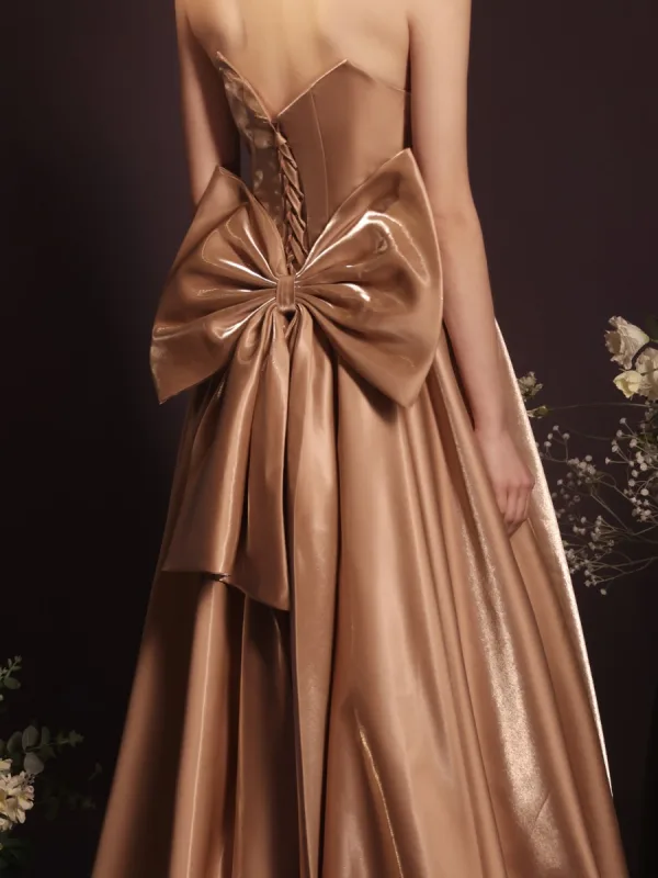 Sexy Khaki Satin Summer Evening Dresses 2023 A-Line / Princess Strapless Sleeveless Backless Bow Floor-Length / Long Evening Party Formal Dresses
