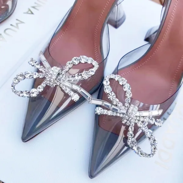 Transparent Sexy Summer Purple Evening Party Womens Sandals 2022 Rhinestone Bow 9 cm Stiletto Heels Pointed Toe High Heels