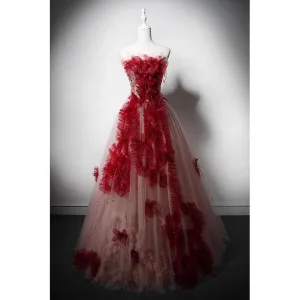Haut De Gamme Bordeaux Perlage Appliques Robe De Bal 2024 Princesse Bustier Sans Manches Dos Nu Longue Promo Robe De Ceremonie