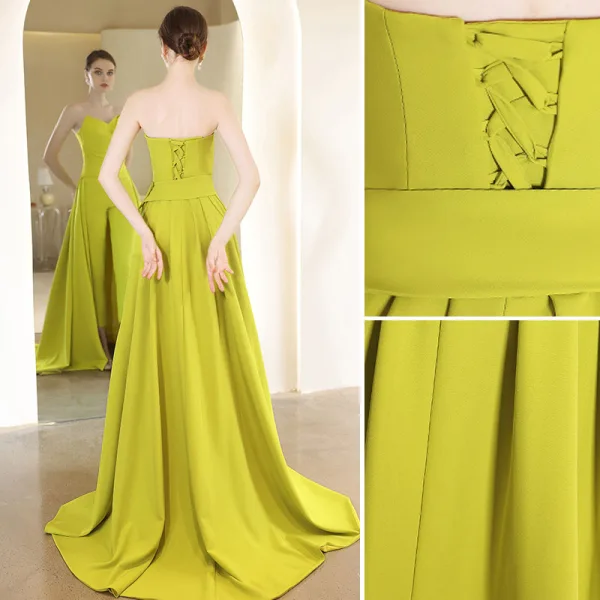 Chic / Beautiful Lime Green Evening Dresses Jumpsuit 2022 Crossed Straps A-Line / Princess Sleeveless Strapless Backless Sweep Train Evening Party