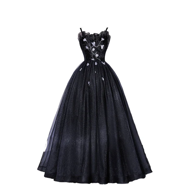 Modest / Simple Black Appliques Sequins Prom Dresses 2022 A-Line / Princess Spaghetti Straps Sleeveless Backless Floor-Length / Long Prom Formal Dresses