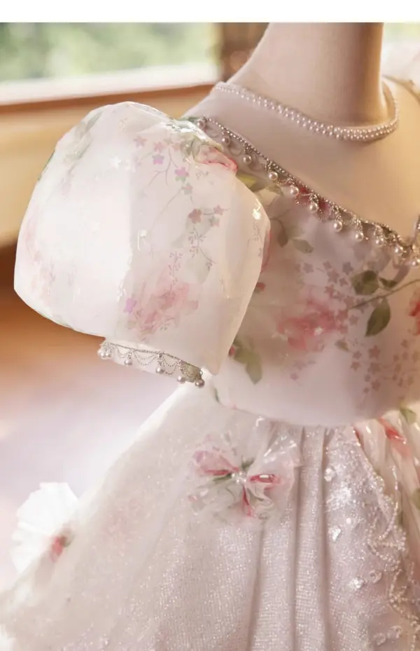 Chic / Beautiful Blushing Pink Beading Pearl Printing Birthday Flower Girl Dresses 2024 Ball Gown Scoop Neck Puffy Short Sleeve Backless Floor-Length / Long