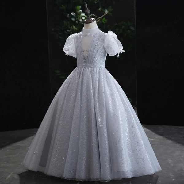 Chic / Beautiful Grey Glitter Pearl Sequins Flower Girl Dresses 2022 Ball Gown High Neck Puffy Short Sleeve Floor-Length / Long Prom Flower Girl Dresses