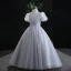 Chic / Beautiful Grey Glitter Pearl Sequins Flower Girl Dresses 2022 Ball Gown High Neck Puffy Short Sleeve Floor-Length / Long Prom Flower Girl Dresses