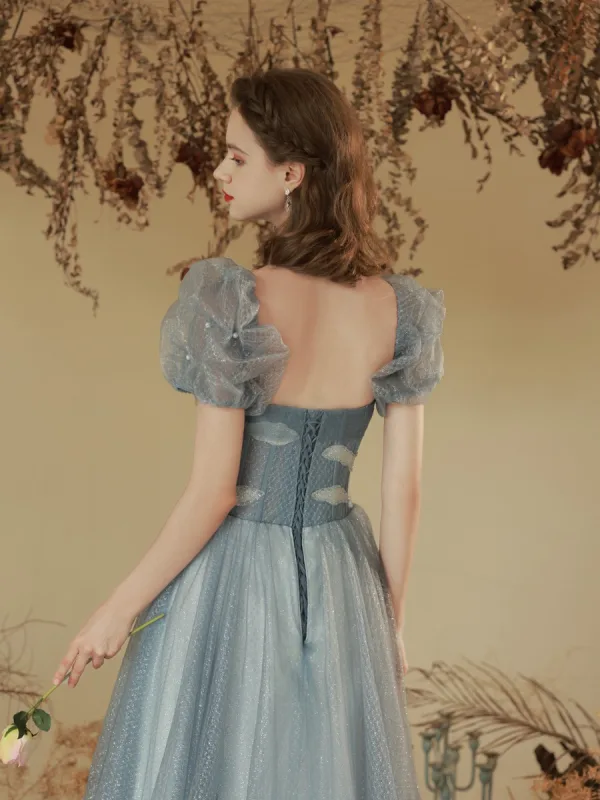 Chic / Beautiful Sky Blue Glitter Beading Sequins Pearl Prom Dresses 2023 A-Line / Princess Off-The-Shoulder Short Sleeve Backless Floor-Length / Long Prom Formal Dresses