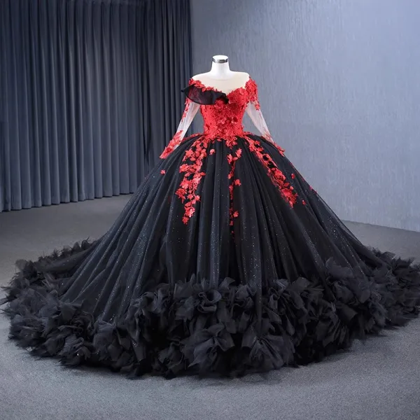 Haut de Gamme Noire En Dentelle Fleur Perlage Paillettes Appliques Tribunal Train Robe De Bal 2024 Robe Boule Encolure Dégagée Manches Longues Promo Robe De Ceremonie