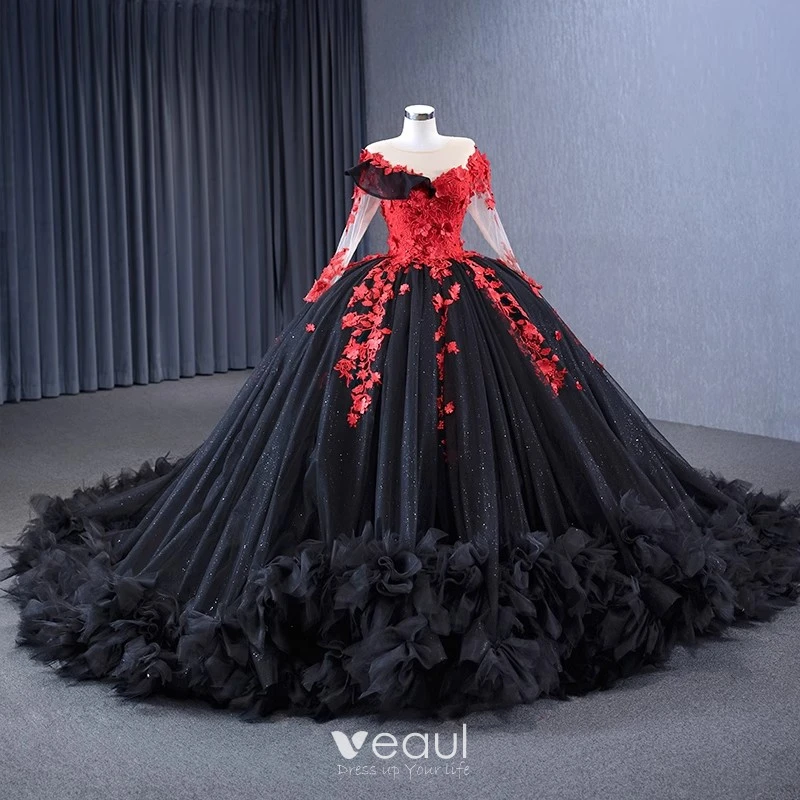 Red Long Sleeve V Neck Beading Flower Tulle Prom Formal Dress