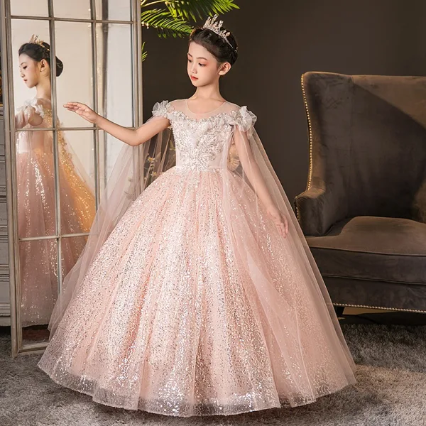 Sparkly Blushing Pink Beading Sequins Birthday Flower Girl Dresses 2025 Ball Gown Scoop Neck Short Sleeve Floor-Length / Long