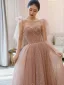 Chic / Beautiful Champagne Glitter Sequins Prom Dresses 2024 A-Line / Princess Scoop Neck Sleeveless Backless Floor-Length / Long Prom Formal Dresses