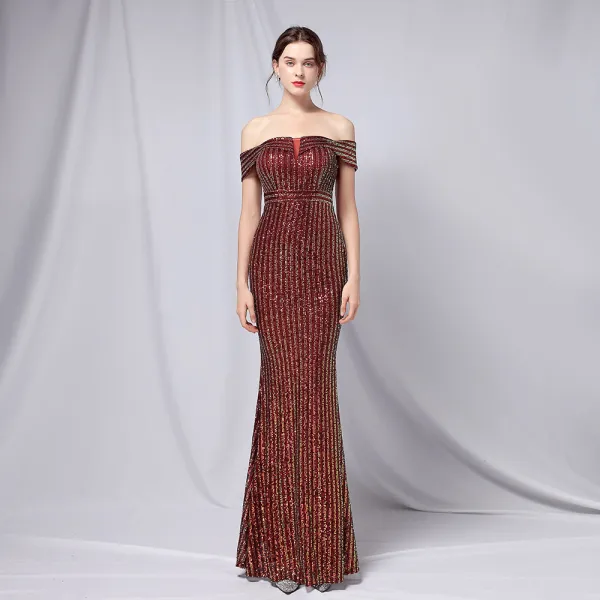 Charming Black Gold Sequins Evening Dresses 2022 Trumpet / Mermaid Off-The-Shoulder Short Sleeve Backless Floor-Length / Long Evening Party Formal Dresses