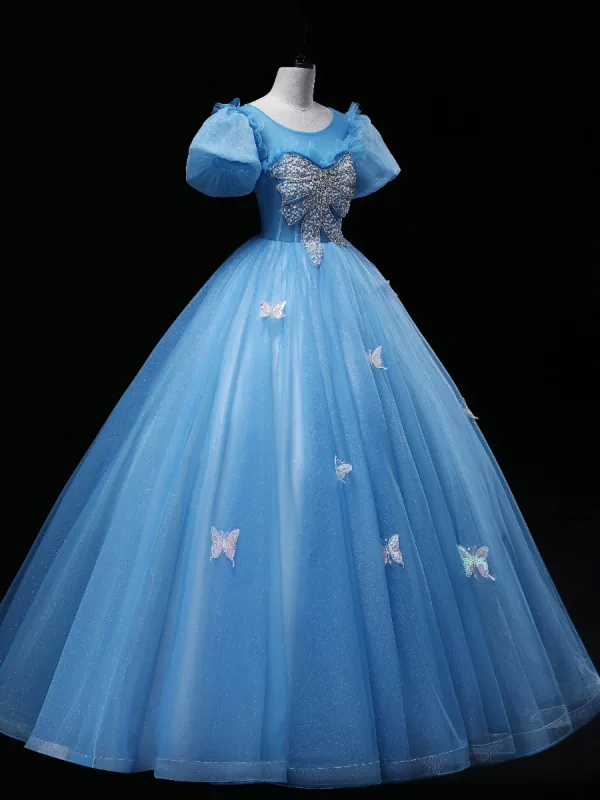 Chic / Beautiful Sky Blue Glitter Prom Dresses 2023 Ball Gown Scoop Neck Sequins Butterfly Beading Pearl Puffy Short Sleeve Backless Floor-Length / Long Prom