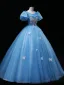 Chic / Beautiful Sky Blue Glitter Prom Dresses 2023 Ball Gown Scoop Neck Sequins Butterfly Beading Pearl Puffy Short Sleeve Backless Floor-Length / Long Prom