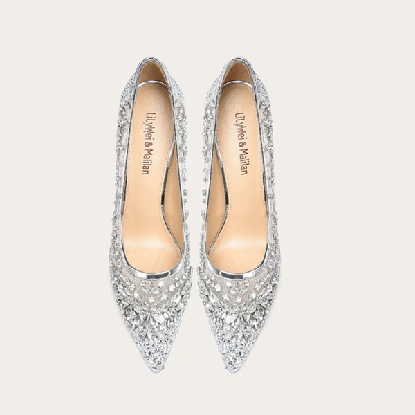 Sparkly Sexy Silver Rhinestone Sequins Wedding Shoes 2023 Leather 10 cm Stiletto Heels Pointed Toe Wedding Shoes High Heels