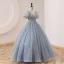 Elegant Sky Blue Lace Pearl Rhinestone Prom Dresses 2022 Ball Gown V-Neck Puffy Short Sleeve Backless Floor-Length / Long Prom Formal Dresses