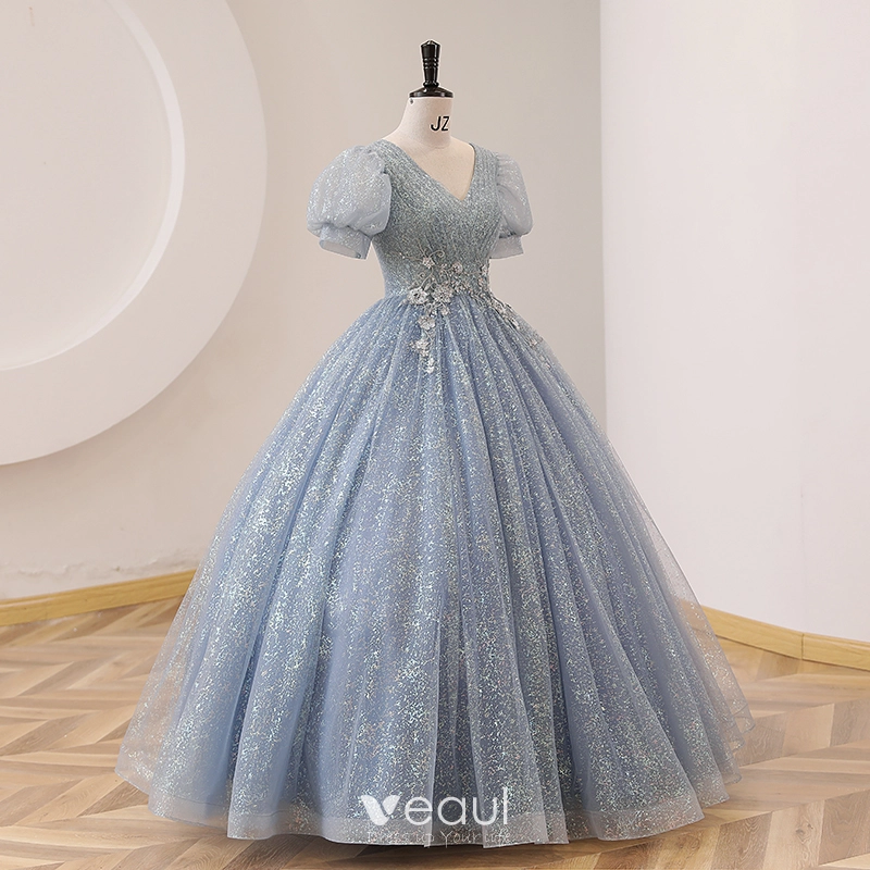 Elegant Sky Blue Lace Pearl Rhinestone Prom Dresses 2022 Ball Gown V-Neck Puffy Short Sleeve Backless Floor-Length / Long Prom Formal Dresses Elegant Sky Blue Lace Pearl Rhinestone Prom Dresses 2022 Ball Gown V-Neck Puffy Short Sleeve Backless Floor-Length / Long Prom Formal Dresses
