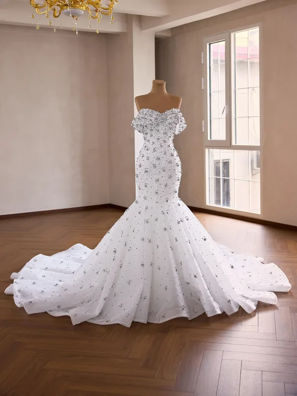 High End Weiß Handgefertigt Perle Strass Brautkleider / Hochzeitskleider 2026 Ballkleid Off Shoulder Kurze Ärmel Rückenfreies Kapelle-Schleppe