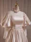 Audrey Hepburn Style Vintage / Retro Champagne Satin Prom Dresses 2023 A-Line / Princess High Neck Puffy Short Sleeve Backless Floor-Length / Long Formal Dresses