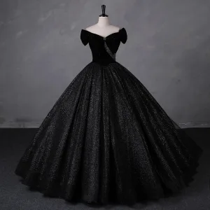 Charmant Noire Glitter Perlage Velours Robe De Bal Robe Boule 2023 De L Épaule Manches Courtes Dos Nu Longue Promo Robe De Ceremonie