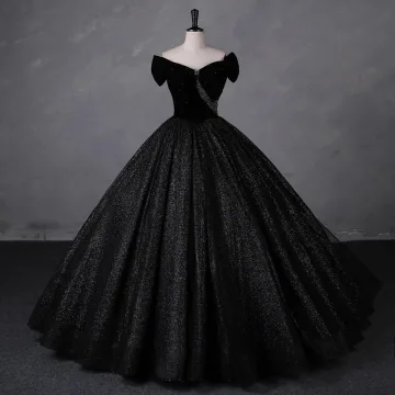 Charmant Noire Glitter Perlage Velours Robe De Bal Robe Boule 2023 De L Épaule Manches Courtes Dos Nu Longue Promo Robe De Ceremonie