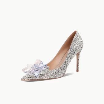 Scintillantes Argenté Cristal Chaussure De Mariée 2022 Paillettes Cuir 9 Cm Talons Aiguilles À Bout Pointu Mariage Escarpins Talons Hauts
