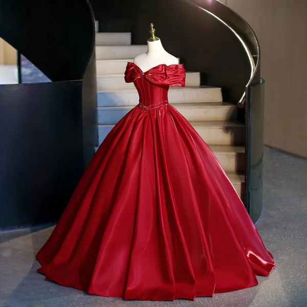 Vintage / Retro Red Rhinestone Prom Dresses 2026 Ball Gown Off-The-Shoulder Sleeveless Backless Floor-Length / Long Formal Dresses