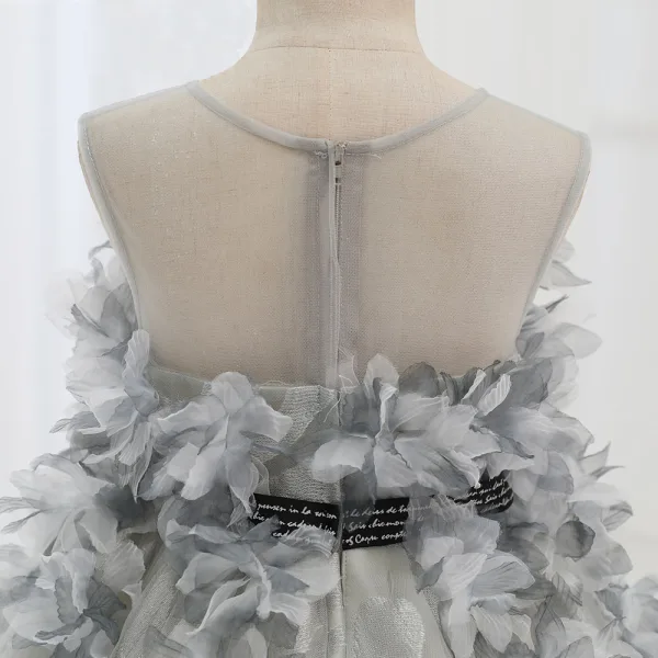 Fashion Grey Appliques Prom Flower Girl Dresses 2022 A-Line / Princess Scoop Neck Sleeveless Bow Sash Sweep Train Flower Girl Dresses