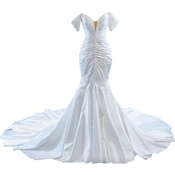 High End Weiß Perlenstickerei Perle Pailletten Satin Brautkleider / Hochzeitskleider 2023 Meerjungfrau Off Shoulder Kurze Ärmel Rückenfreies Kapelle-Schleppe Hochzeit