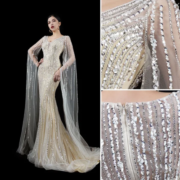 Luxury / Gorgeous Beige Handmade Beading Sequins Evening Dresses 2023 Trumpet / Mermaid V-Neck Long Sleeve Evening Party Sweep Train Formal Dresses