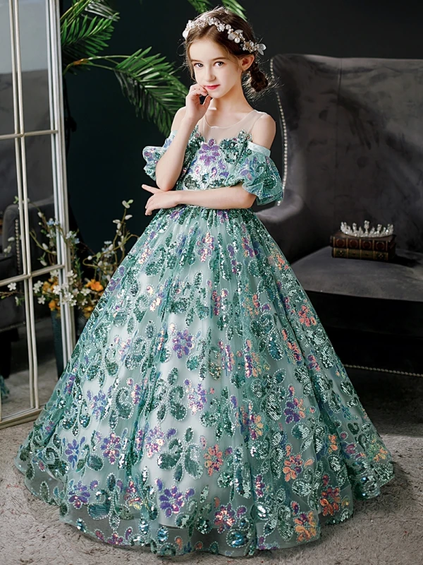 Vintage / Retro Green Sequins Birthday Flower Girl Dresses 2024 Ball Gown Scoop Neck Short Sleeve Floor-Length / Long