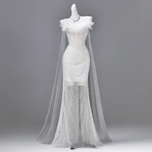 Scintillantes Blanche Perlage Perle Paillettes Robe De Soirée 2026 Trompette Sirène Bretelles Spaghetti Sans Manches Dos Nu Longue Robe De Ceremonie