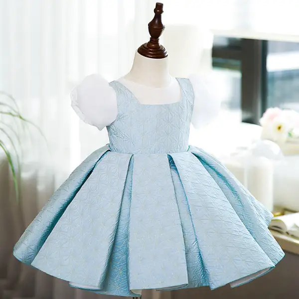 Chic / Beautiful Sky Blue Birthday Short Flower Girl Dresses 2022 Ball Gown Scoop Neck Puffy Short Sleeve Flower Girl Dresses