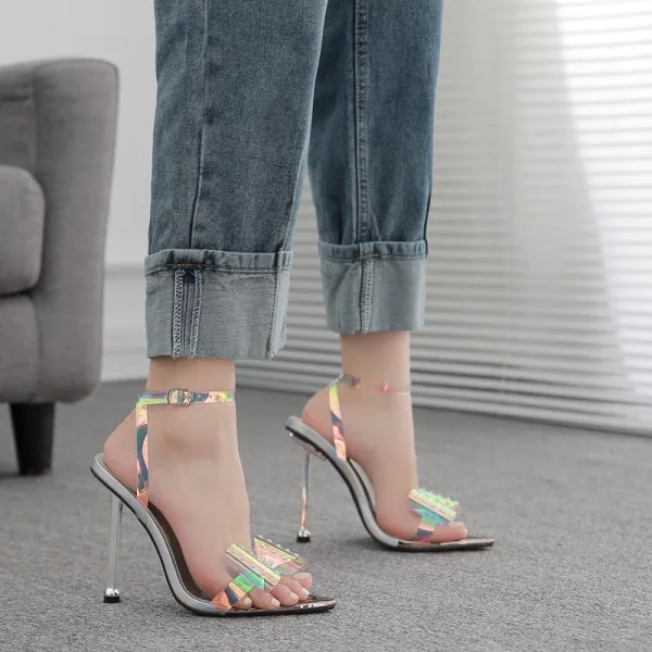 Sexy Silber Laser Abend Sandalen Damen 2022 11 cm Stilettos Knöchelriemen Strass Schleife Peeptoes Sandaletten Hochhackige