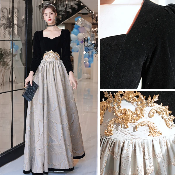 Elegant Black Velour Evening Dresses 2023 A-Line / Princess Square Neckline Long Sleeve Floor-Length / Long Evening Party Formal Dresses