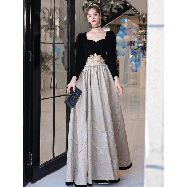 Elegant Black Velour Evening Dresses 2023 A-Line / Princess Square Neckline Long Sleeve Floor-Length / Long Evening Party Formal Dresses
